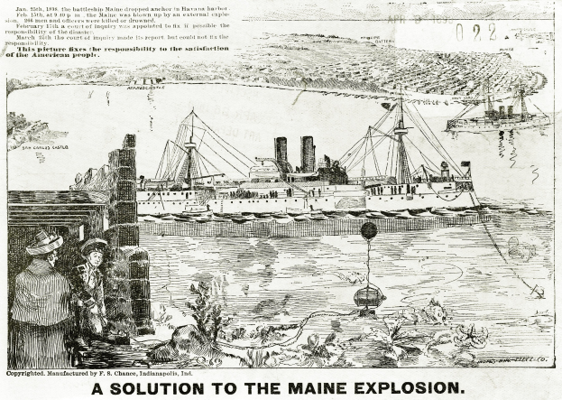 Eine handgezeichnete Skizze auf Papier, die verunglückte Schiffe auf Wasser mit Rauch und Trümmern, Menschen, die nach oben schauen, schaukelnde Pflanzen und eine fette Schrift zeigt, die "eine Lösung für die Maine-Explosion" lautet.