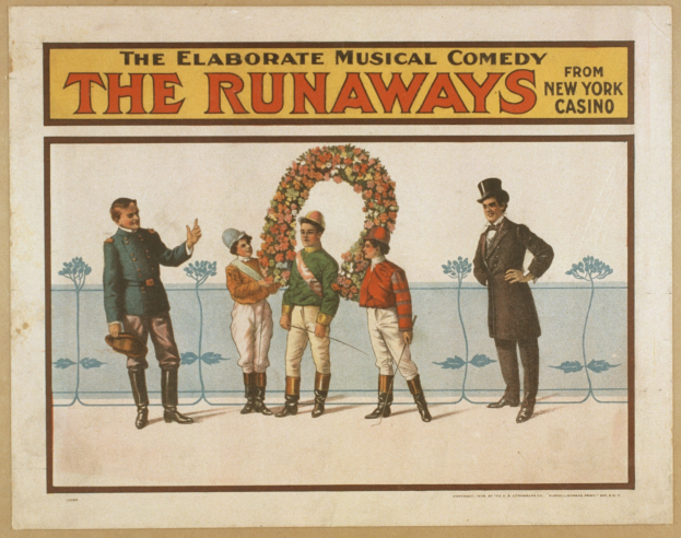 Plakat für die Musical-Comedy "Runaway" aus dem New Yorker Casino, das eine Gruppe von Menschen in einer Reihe zeigt, wobei eine Person in der Mitte einen Blumenstrauß hält und Text, der das Schauspiel beschreibt.