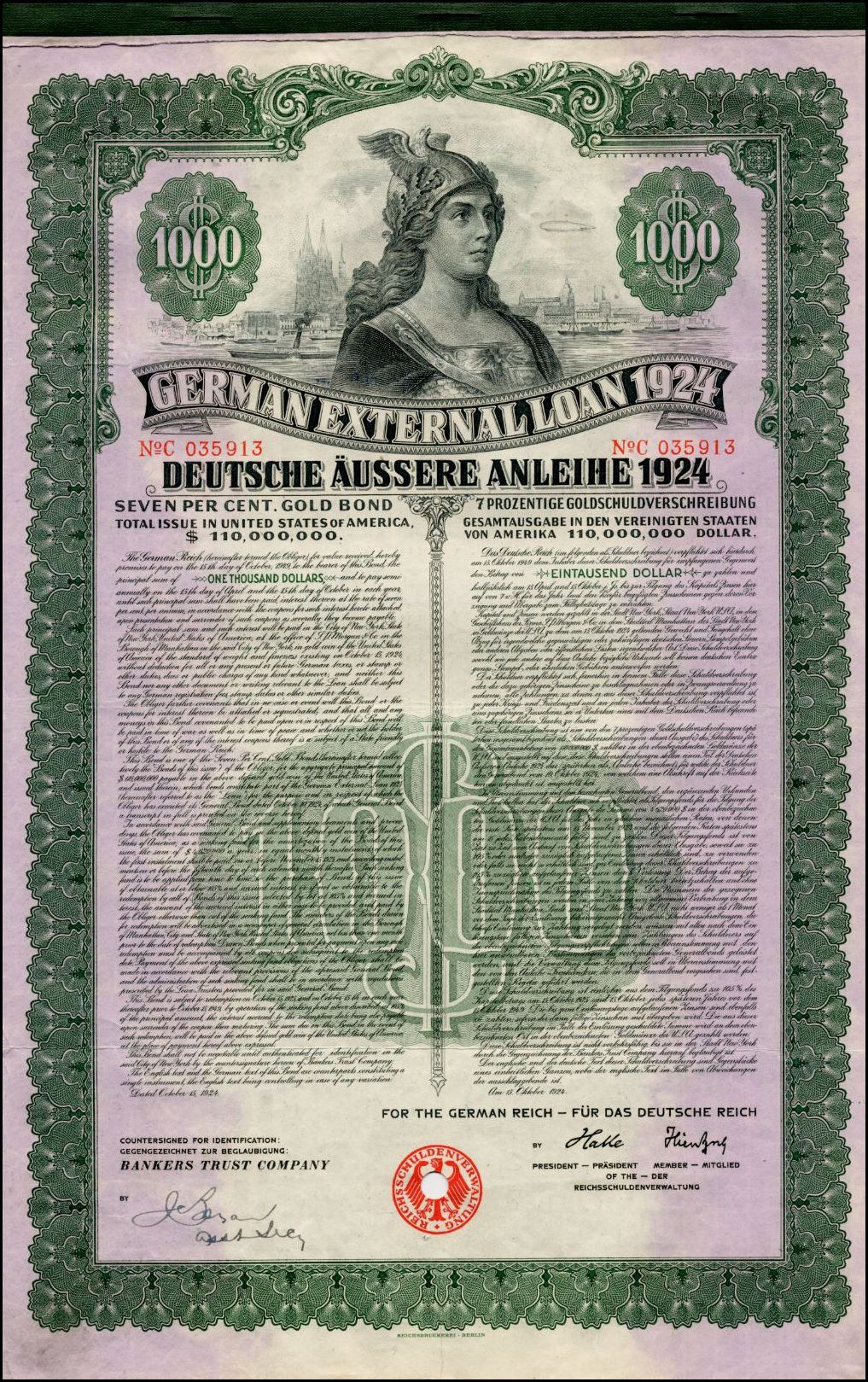 Deutsches Auslandsdarlehen-Zertifikat von 1924 mit einer Frauendarstellung, mit gedrucktem Text und numerischen Denomination-Markierungen.