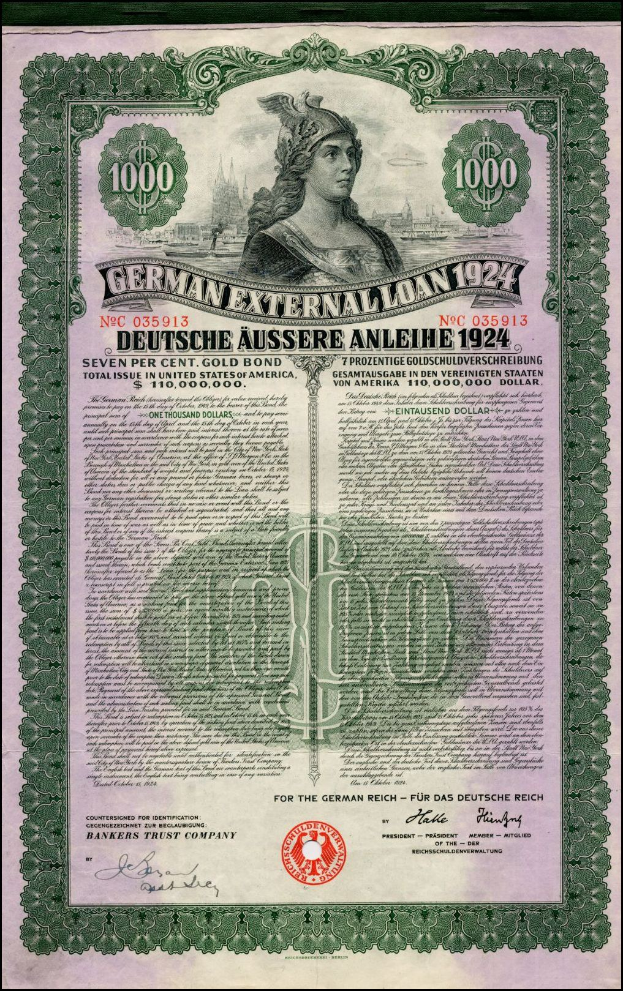 Deutsches Auslandsdarlehen-Zertifikat von 1924 mit einer Frauendarstellung, mit gedrucktem Text und numerischen Denomination-Markierungen.