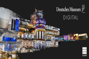 Digitale Kunst des Deutschen Museums Digital mit Gebäuden im Vordergrund und dunklem Hintergrund, mit Text und Logo auf der rechten Seite.