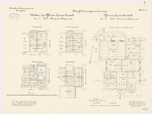 Schwarz-weißer Architekturentwurf des ehemaligen Bundeskanzlerbüros, zeigt detaillierte Planung und Text.