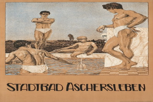 Plakat für ein Schwimmbad in Aschersleben, Deutschland, das Menschen im Wasser zeigt, darunter einen sitzenden, begleitet von Text über die Einrichtungen des Bades.