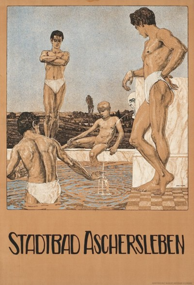 Plakat für ein Schwimmbad in Aschersleben, Deutschland, das Menschen im Wasser zeigt, darunter einen sitzenden, begleitet von Text über die Einrichtungen des Bades.