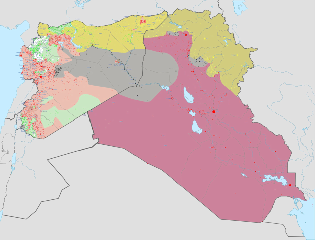 Eine buntfarbige Karte von Syrien, die das Ausmaß des syrischen Bürgerkriegs zeigt, mit blauen, grünen, gelben und roten Regionen, die verschiedene Konfliktgrade anzeigen, sowie beschriftete Städte und Bezirksgrenzen.