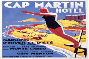 Ein Vintage-Plakat für das Cap Martin Hotel in Monte Carlo, Frankreich, das eine Frau in einem Badeanzug umgeben von Menschen, Wasser, Hügeln und einem Gebäude zeigt, mit Text.