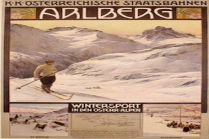 Ein Plakat, das Wintersportarten in den österreichischen Alpen bewirbt, mit einem Skifahrer und Bildern von Menschen und Bergen mit begleitendem Text.