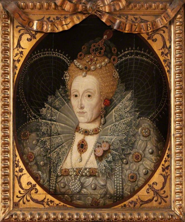 Porträt der Queen Elizabeth I. von England in einem weißen Kleid mit blauer Schärpe, Krone tragend, realistisch gemalt mit leuchtenden Farben und detaillierter Ausführung.