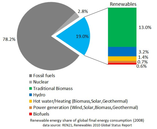 Tortendiagramm, das den globalen Verbrauch von erneuerbaren Energien im Jahr 2008 zeigt, mit Abschnitten für fossile Brennstoffe, Kernenergie, Wasserkraft, Warmwasser, Heizung, Biomasse, Solarenergie, Geothermie und Biokraftstoffe.