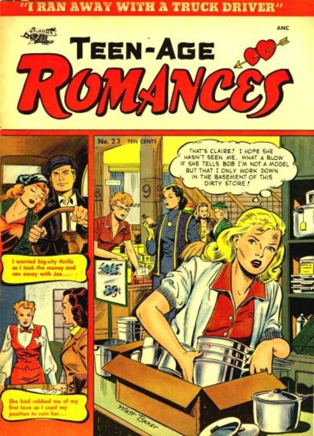 Ein leuchtender DC-Comics-Plakat titled 'Teen-Age Romances 23-A', das eine Gruppe von Menschen in einer fröhlichen, romantischen Umarmung mit fetter Schrift und leuchtenden Farben zeigt.