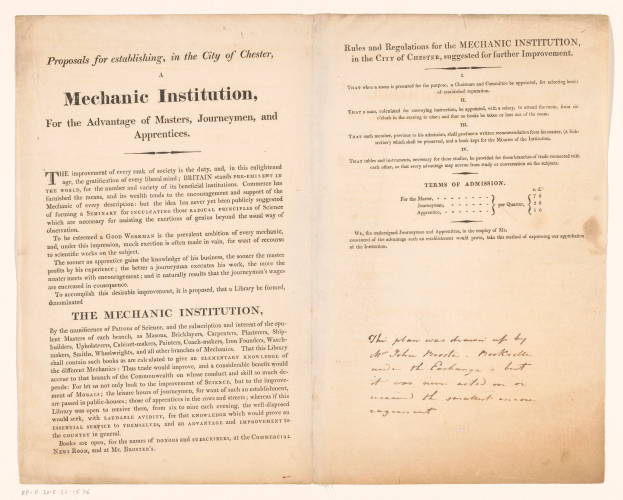 Ein offenes Buch mit dem Titel "Mechanic Institution, for the Advantage of Masters, Journeymen, and Apprenticeships", wahrscheinlich ein Vorschlag zur Einrichtung einer mechanischen Institution.