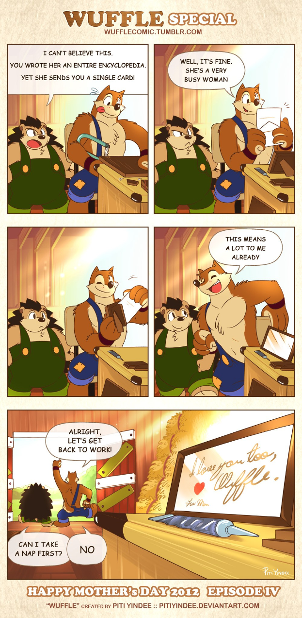 Ein Plakat mit einer Comic-Strip-Szene, die einen Mann in einem blauen Hemd und eine strahlende Frau zeigt, mit der Aufschrift 'Frohe Muttertags' in einer fröhlichen Schrift auf einem hellgelben Hintergrund.