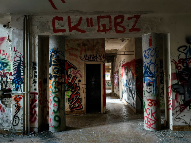 Verlassenes Gebäude mit Graffiti-verschmierten Wänden, sichtbarer Boden, freiliegenden Rohren und einer Tür im Hintergrund, die den Verfall der Stadt illustriert.