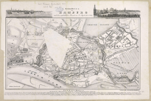 Ein detailliertes altes Stadtplan von Hamburg, Deutschland, mit Text, der einen umfassenden Überblick über das Gebiet bietet.