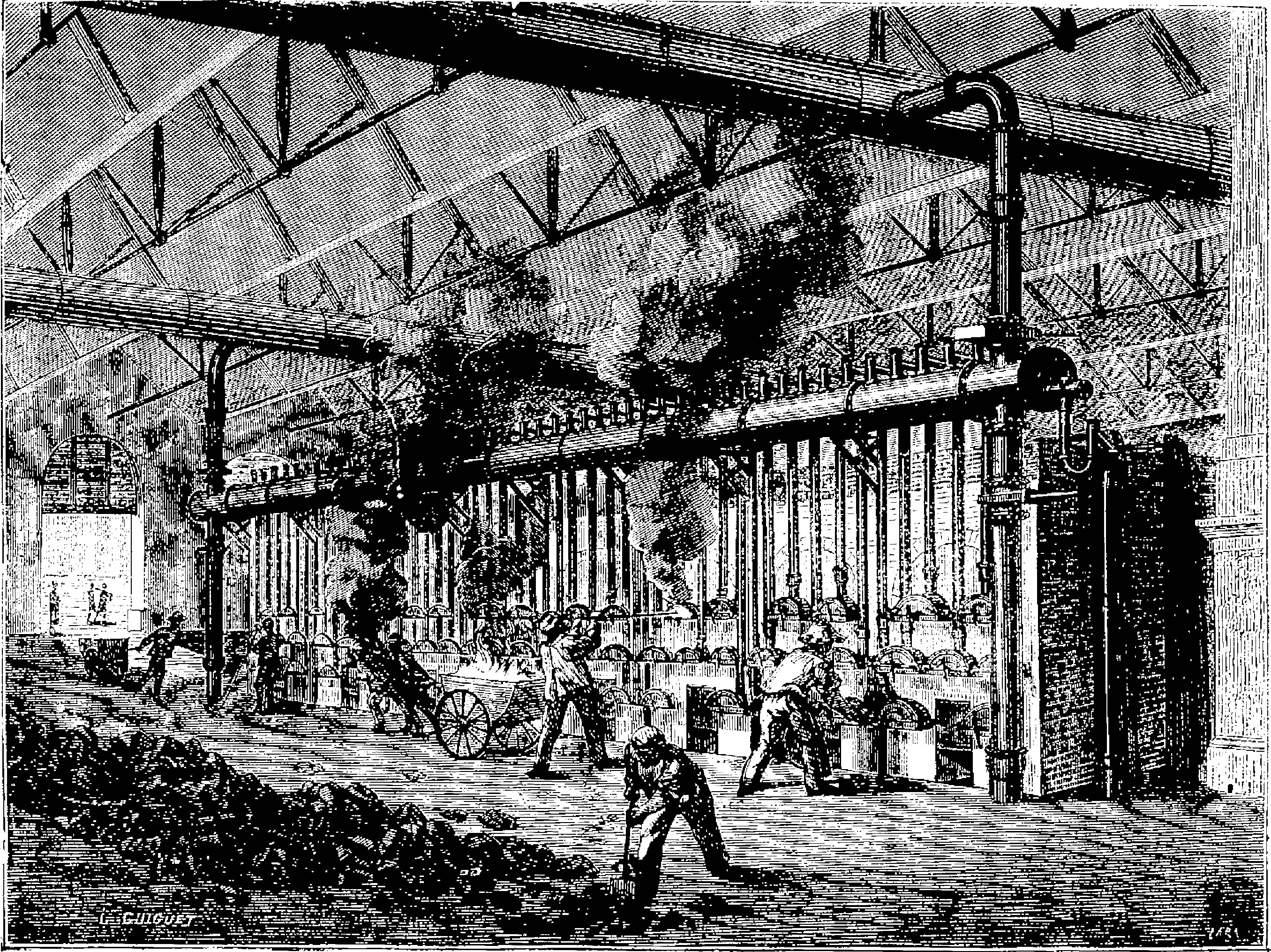 Schwarz-weiß-Zeichnung eines geschäftigen Stahlwerks aus den 1910er Jahren mit Arbeitern, Pfählen und Maschinen.