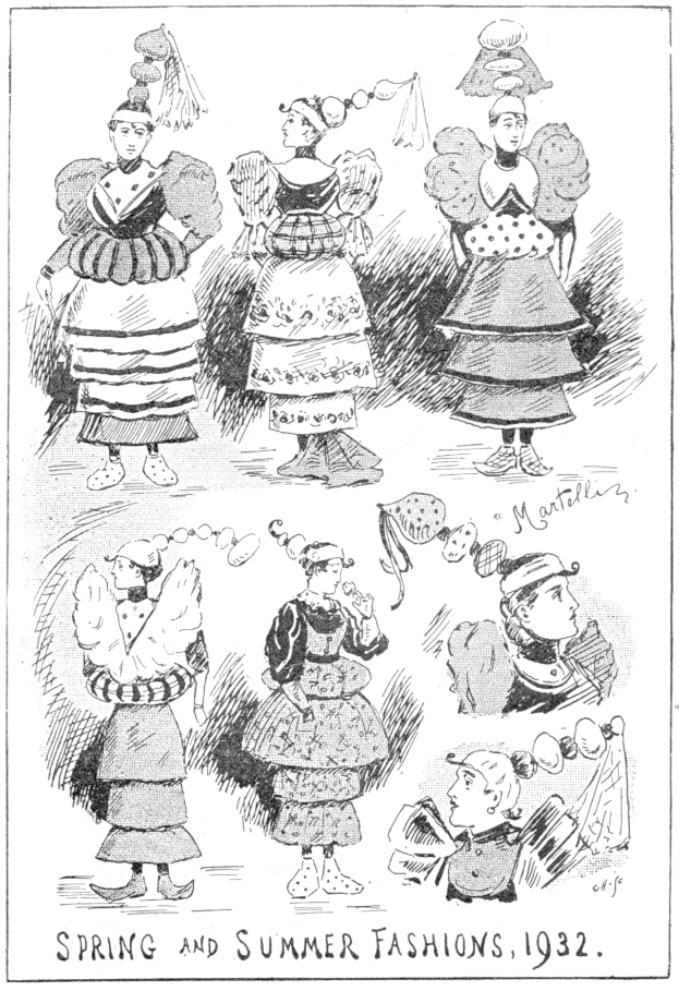 Modeillustration von Frauen in 1932er Frühlings- und Sommerkleidern mit begleitendem Text.