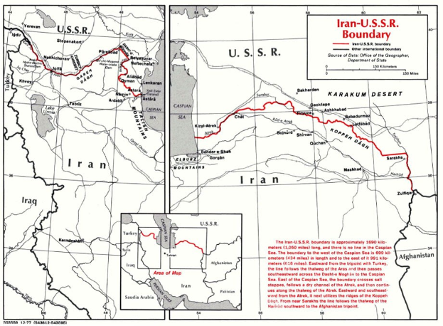 Detailierte Kartenvorlage des iranisch-sowjetischen Grenzverlaufs mit geografischen Merkmalen und Grenzinformationen.