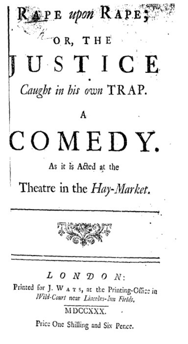 Schwarzes und weißes Plakat mit der Aufschrift 'Vergewaltigung über Vergewaltigung oder die Justiz in ihrer eigenen Falle' in fetter schwarzer Schrift, wahrscheinlich Ankündigung einer Comedy-Show.